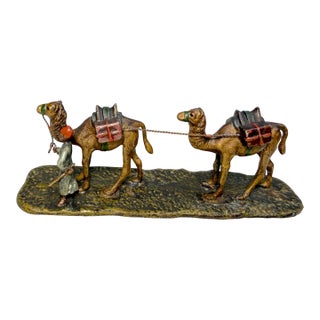 Antique 19th Century Mini Cold Painted Austrian Vienna Bronze Man 2 Camel Statue For Sale