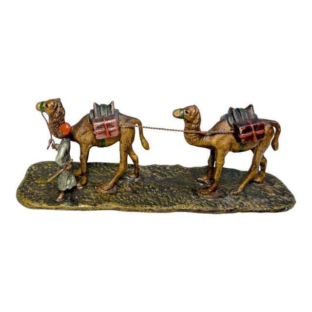 Antique 19th Century Mini Cold Painted Austrian Vienna Bronze Man 2 Camel Statue For Sale