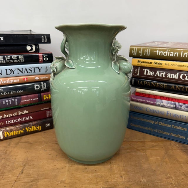 Green Ceramic Vase with Botanical Theme Handles For Sale In New York - Image 6 of 11