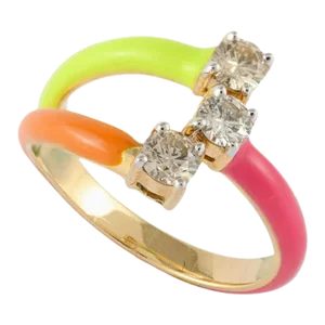Bright Color Enamel and Diamond Adjustable Ring in 14k Solid Yellow Gold Size 7