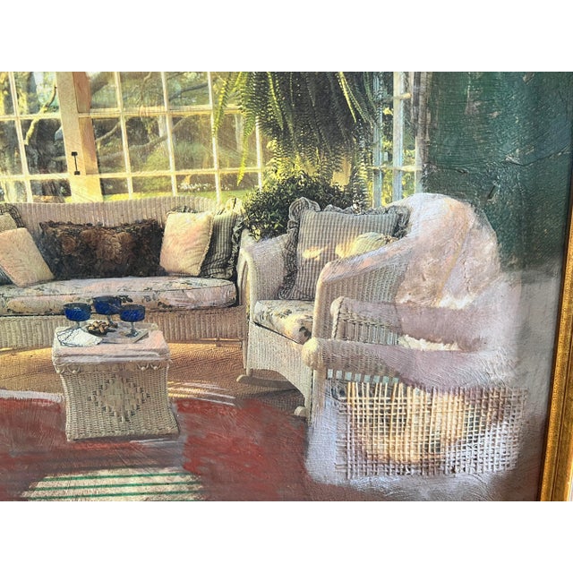 Textile-Enhanced Interior Scene by Sharon Stoneburner – Signed & Framed Finely detailed painting of a modern sunroom,...