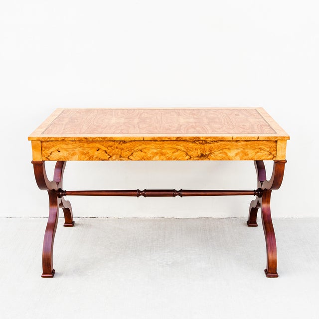 Restored Burl & Brass Vintage Regency Writing Desk by Baker For Sale - Image 14 of 15