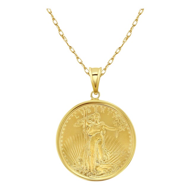 1OZ Lady Liberty Flying Eagle Coin Necklace with Polished Bezel 16" For Sale