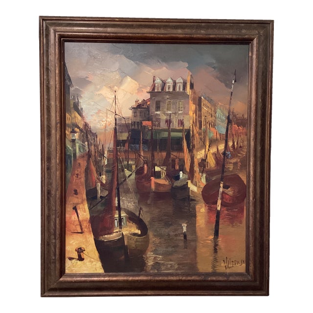 Vintage Painting on Canvas Impressionistic Harbor Scene Artist Signed Framed Dated For Sale