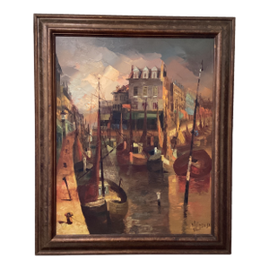 Vintage Painting on Canvas Impressionistic Harbor Scene Artist Signed Framed Dated