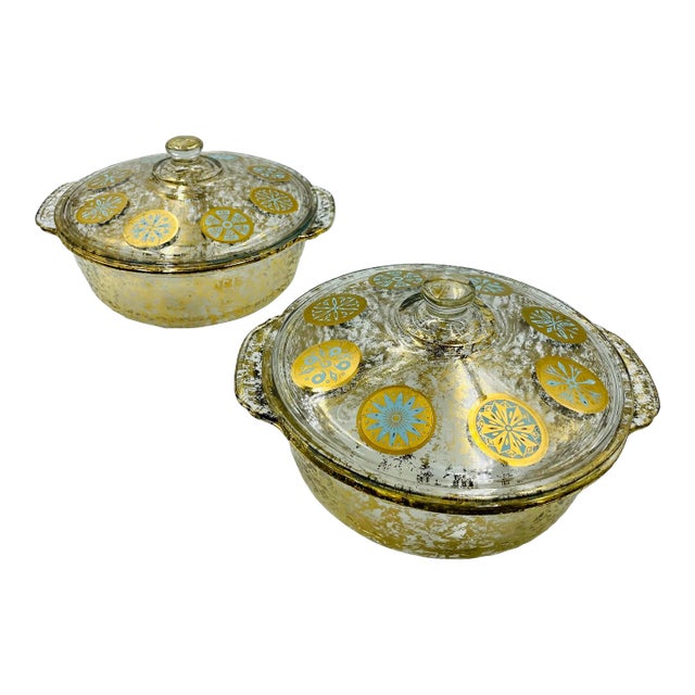 Mid 20th Century Gold Leaf Georges Briard Attributed Pair of Serving Bowls/Casseroles For Sale