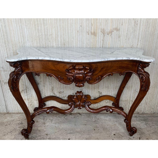 Early 20th Century Large French Regency Carved Walnut Console Table with White Marble Top '2 Avai' For Sale - Image 18 of 18