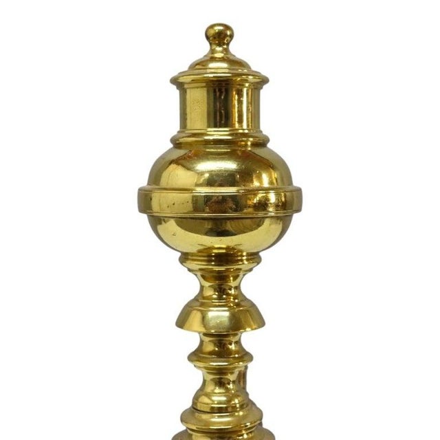 A pair of antique Federal style brass beehive andirons, dating to approximately 1920. These fireplace accessories feature...