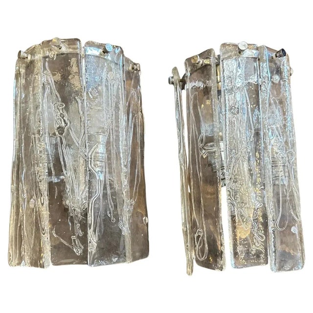 Striking Pair of 1970s Space Age Murano Glass and Steel Wall Sconces by La Murrina This captivating pair of vintage wall...