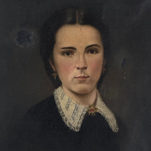 Antique Mid-Late 19th Century Oil on Canvas Painting of Young Woman in High Neck Dress For Sale - Image 4 of 11