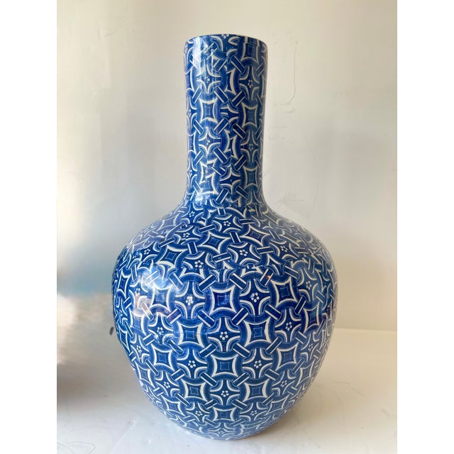 Just in this Pair of unusual Antique Chinese Blue & White Porcelain Long Neck Vases, with geometric design. They are 19"...