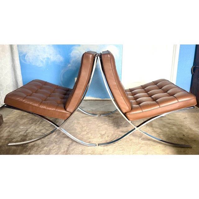 Knoll Pair of Knoll Barcelona® Chairs by Ludwig Mies Van Der Rohe - Velluto Pelle Umber Leather For Sale - Image 4 of 12