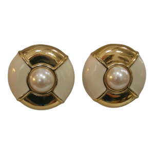 Givenchy 1970s Gorgeous Runway Large Cream Enamel & Gold Plated Earrings, 2 Pieces
