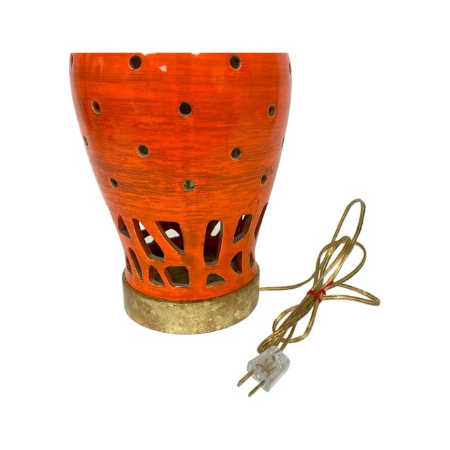 1960s Retro Orange Ceramic Lamp in Orange Glaze With Cut Outs & Lucite Base, Fully Refurbished For Sale - Image 5 of 9