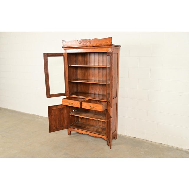 Antique Victorian Carved Oak Glass Front Bookcase or Dining Cabinet, Circa 1900 For Sale In South Bend - Image 6 of 17