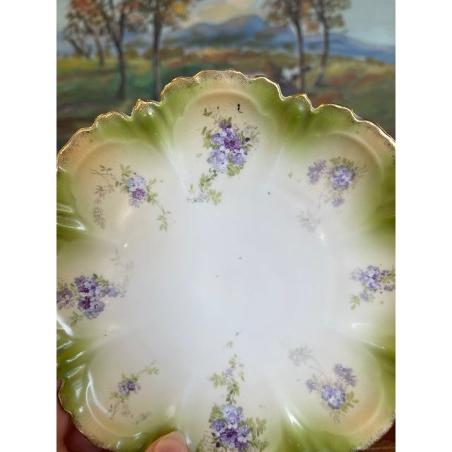 Purple 1970s Hand-Painted Cabinet Plate With Green and Gold Toned Ombre Border and Purple Floral Sprays For Sale - Image 8 of 9