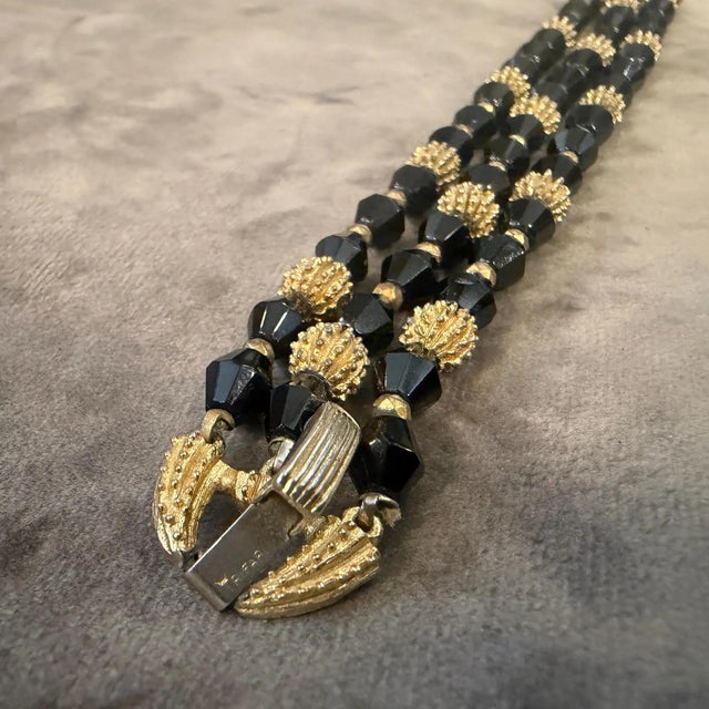 Art Deco 1980s Art Deco Style Black Cristal and Brass Multi Strand Bracelet by Trifari For Sale - Image 3 of 10