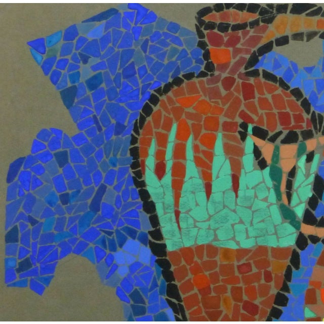 Richly-hued vintage French acrylic painting of three ceramic pitchers, in a style beautifully mimicking a mosaic, circa...