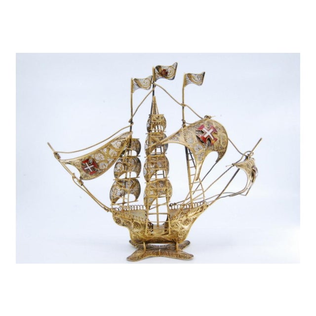 Caravel Model in Gilded Silver Filigree with Enameled Crosses on the Sails and Resting on Scalloped Base For Sale - Image 10 of 11