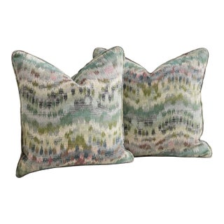 Decorative Throw Pillows in Robert Allen Watercolor Ikat Jacquard Fabric, a Pair For Sale