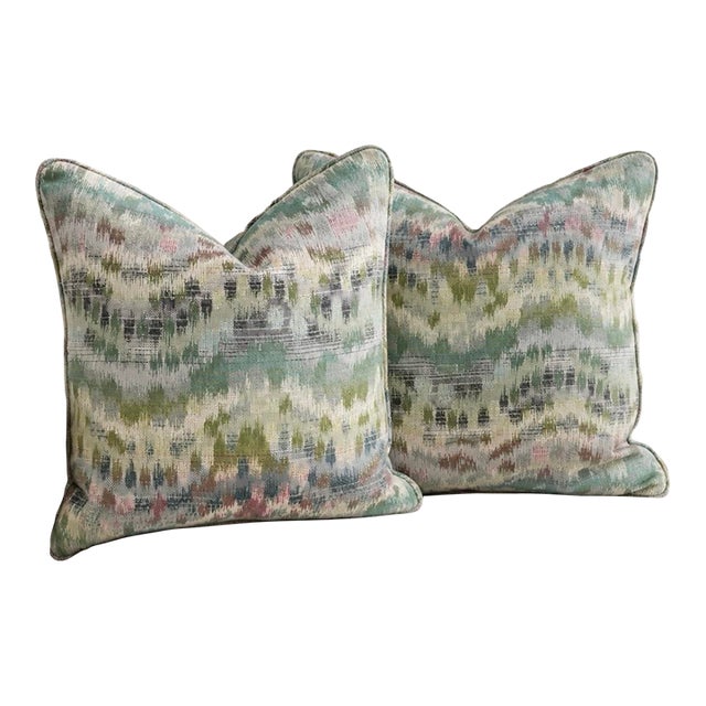Decorative Throw Pillows in Robert Allen Watercolor Ikat Jacquard Fabric, a Pair For Sale