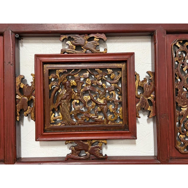 Chinese Pair of Chinese Gilt & Lacquered Openwork Figural Architectural Panels, 20th C. For Sale - Image 3 of 12