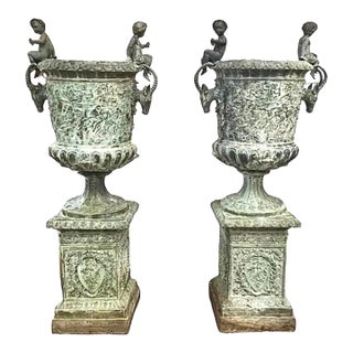 Monumental Bronze Urn Planters Figural French - A Pair For Sale