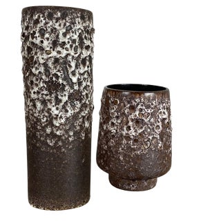 Set of Two Pottery Fat Lava Vases Crusty Brown-White attributed to Jopeko, Germany, 1970s, Set of 2 For Sale