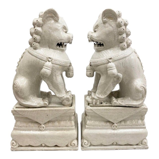 Vintage Crackle-Glazed Ceramic Foo Dog Guardian Statues For Sale