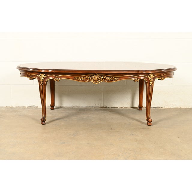 French Provincial Karges French Rococo Louis XV Banded Walnut Parcel Giltwood Coffee Table, Circa 1980s For Sale - Image 3 of 11