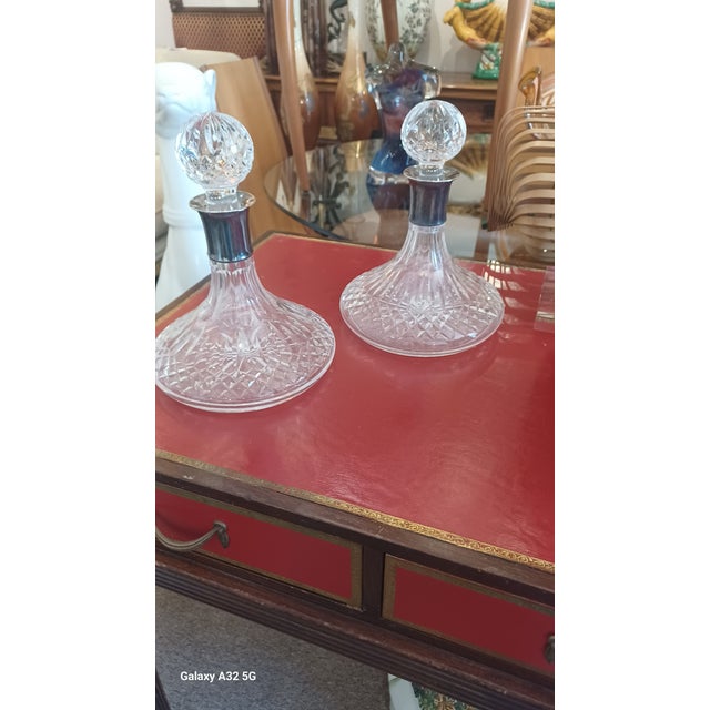 Boho Chic Vintage Pair of Crystal Decanters With Sterling Silver Necks For Sale - Image 3 of 5
