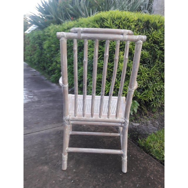 1970s Vintage Pagoda Rattan And Leather Whitewashed Arm Chair