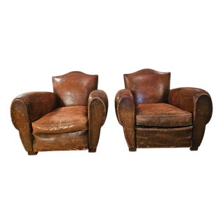 Pair of 1930's French Art Deco, Cognac Leather Chairs With Nail Head Decoration For Sale