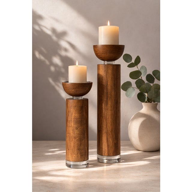2010s Global Views Modern Mango Wood & Acrylic Pillar Candle Holders – Contemporary Minimalist Decor-Set of 2 For Sale - Image 5 of 7