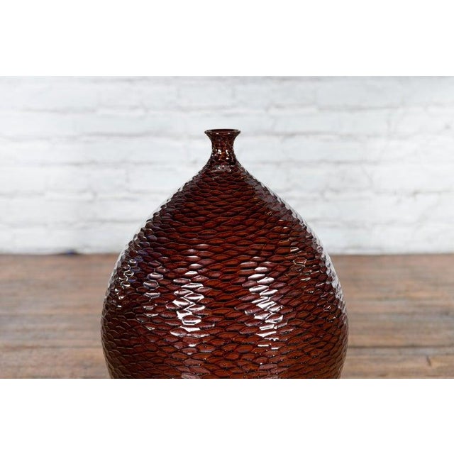 Red Prem Collection Handcrafted Burgundy Vase with Textured Honeycomb Style Motifs For Sale - Image 8 of 12