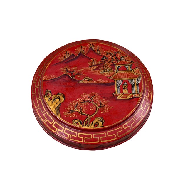 Vintage Chinese Red Golden Scenery Graphic Round Wood Stack Basket Table For Sale In San Francisco - Image 6 of 12