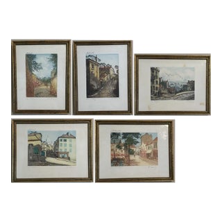Antique Henri H Tourneau 1920s - Color Etching, Montmartre, Paris Five Piece Framed Lot For Sale