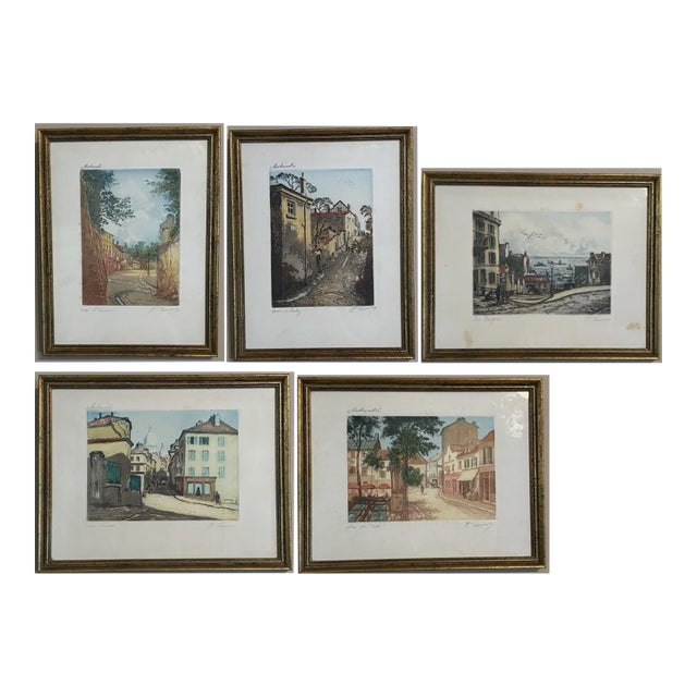 Antique Henri H Tourneau 1920s - Color Etching, Montmartre, Paris Five Piece Framed Lot For Sale