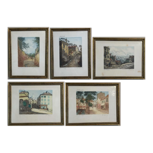 Antique Henri H Tourneau 1920s - Color Etching, Montmartre, Paris Five Piece Framed Lot