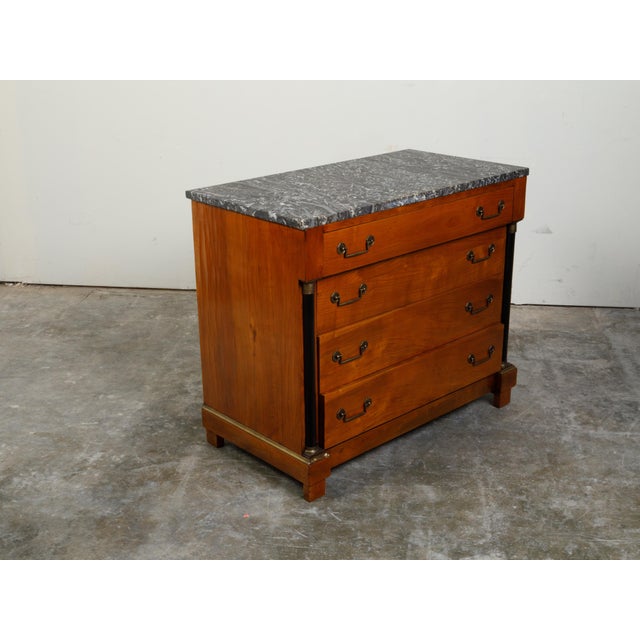 French 1930s Empire Style Walnut Commode with Grey Marble Top and Black Columns For Sale - Image 11 of 12