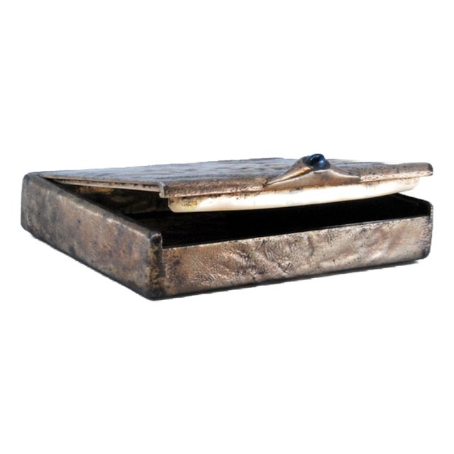 Silver Cigarette Case with Dark Blue Application For Sale