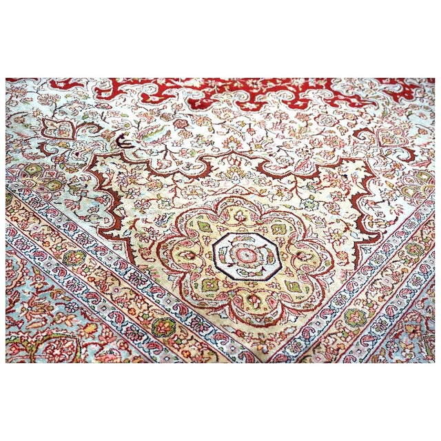 Red Vintage Kashmiri Tabriz Silk 9x12 Red, Ivory & Light Blue Handmade Area Rug #1144057 For Sale - Image 8 of 15