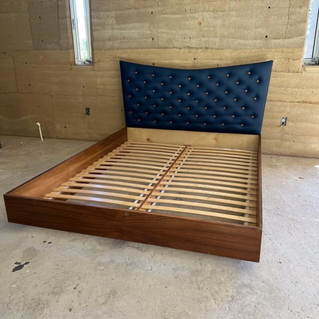 2000s Modern Queen Platform Bed Blue Upholstered Button For Sale - Image 4 of 8