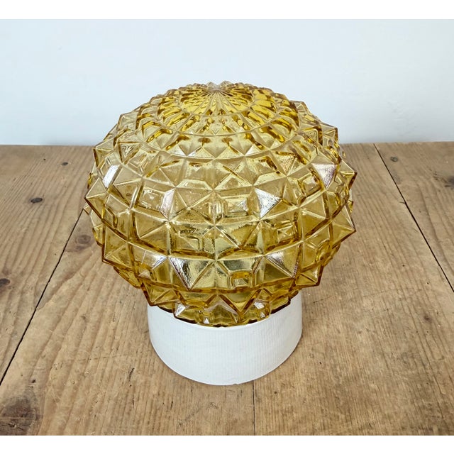 Industrial Vintage White Porcelain and Glass Ceiling Light, 1970s For Sale - Image 3 of 14