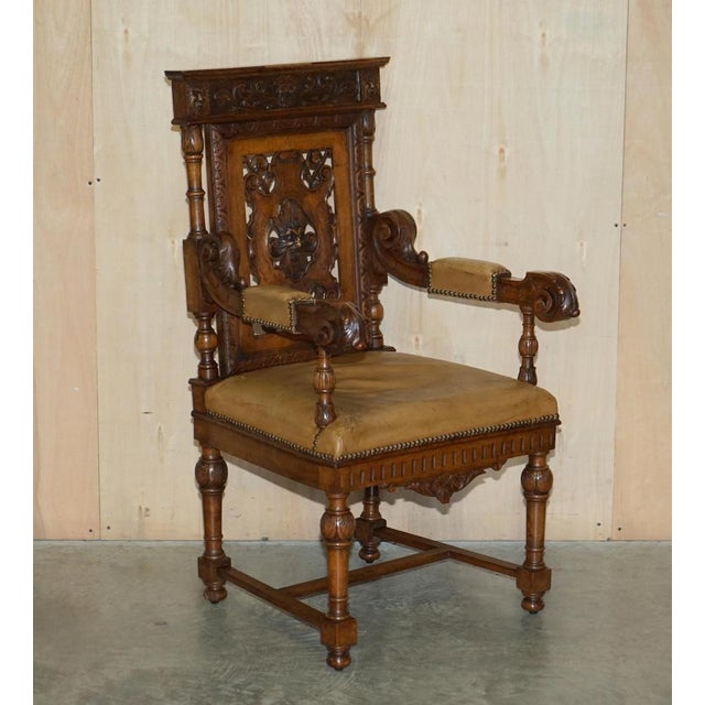 Gothic Revival Hand Carved Walnut and Brown Leather Dining Chairs, Set of 6 For Sale - Image 13 of 18