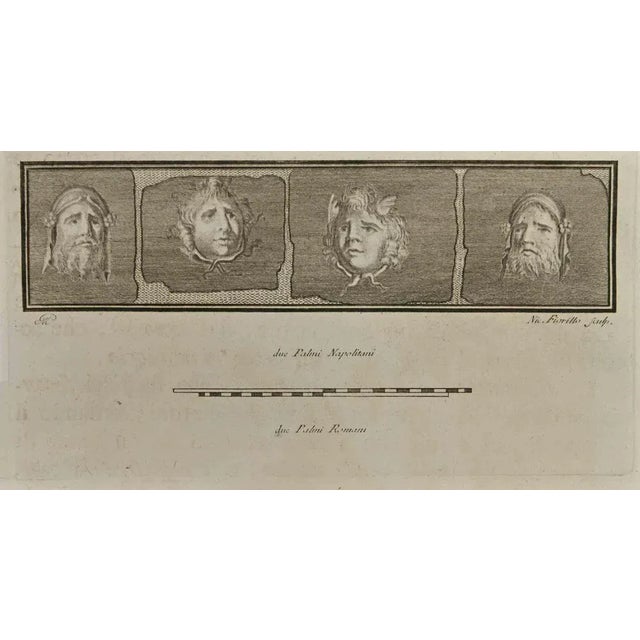 Tragedy Masks Pompeian Style from "Antiquities of Herculaneum" is an etching on paper realized by Nicola Fiorillo in the...