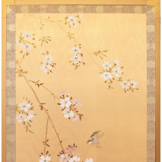 Champagne C. 1970s "Sparrow and Blossoming Sakura" Showa Era Japanese Painted Silk Panels, a Pair For Sale - Image 8 of 17