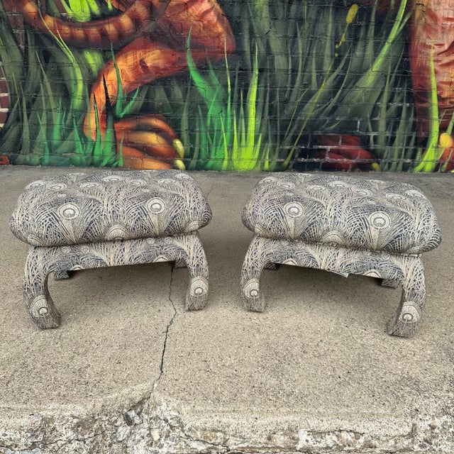 Pair of Oriental Fully Upholstered Beachley Furniture Peacock Ottomans For Sale - Image 4 of 12