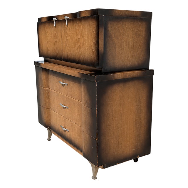 1950s Mid-Century Modern Tallboy Gentleman's Chest With Drop-Front Cabinet For Sale
