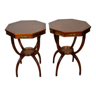 1930s English Regency Mahogany & Leather Top / Mirrored Pair of Side Tables / End Tables For Sale